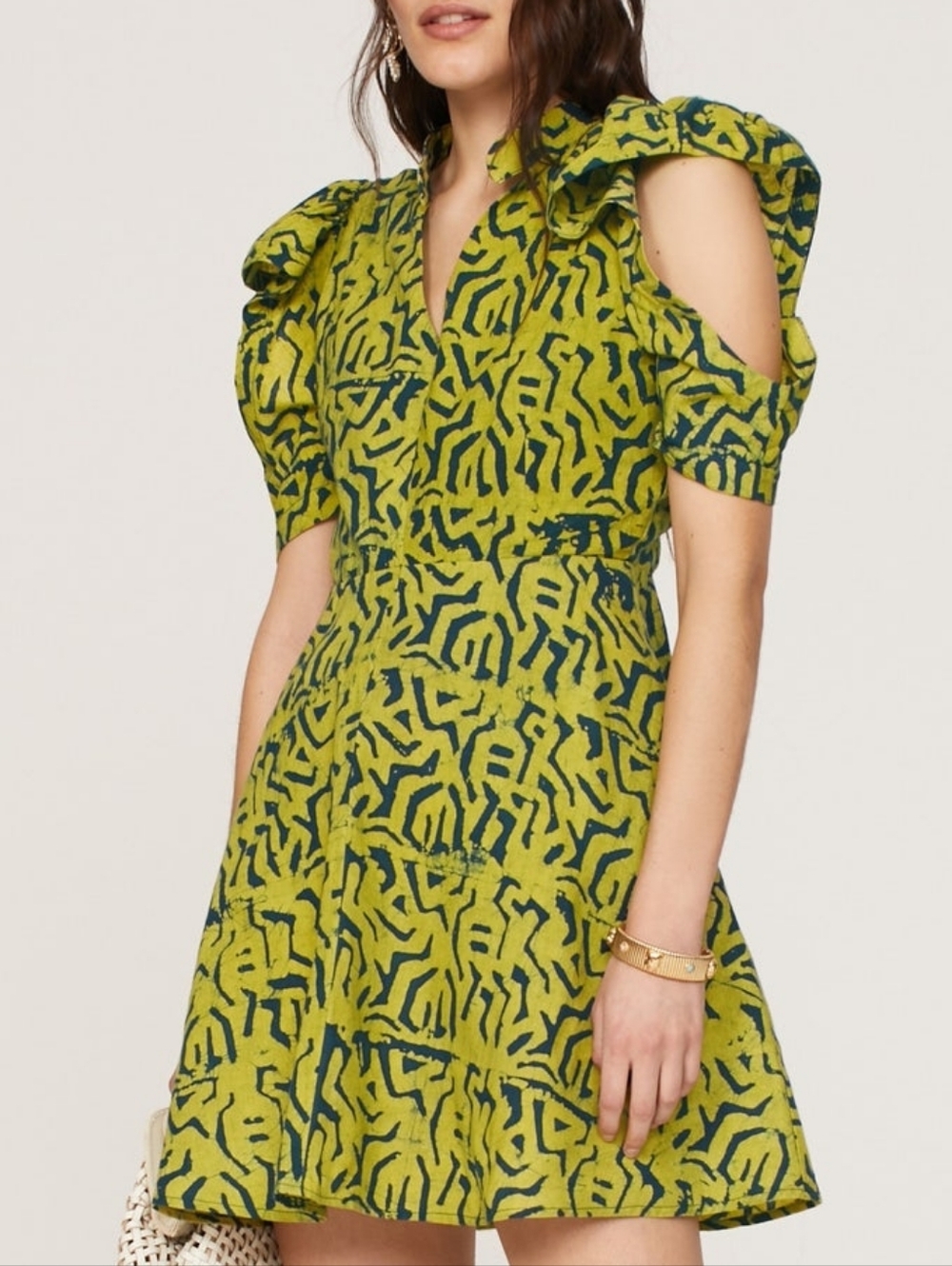 Kahindo Cotton Green Navy Blue Puff Sleeve African Print Mini Mali Dress Medium